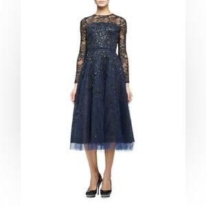 □$5,890 OSCAR DE LA RENTA NEW BEAD ESTABLIS NAVY BLACK RUNWAY DRESS US 10